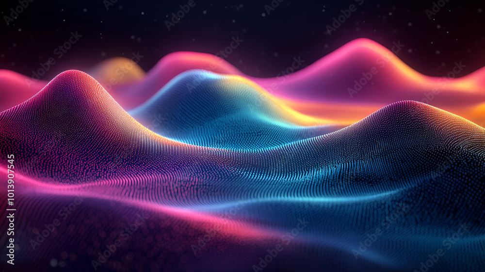 Colorful abstract landscape with undulating waves and smooth curves illuminated by vibrant hues in a dark atmosphere Colorful abstract landscape with undulating waves and smooth curves illuminated by vibrant hues in a dark atmosphere