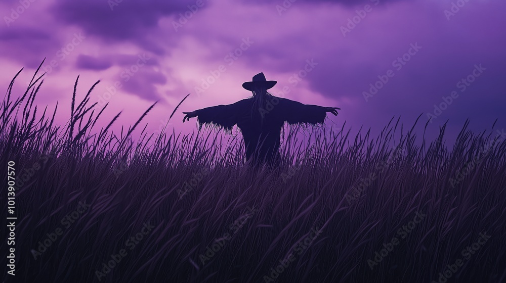 A silhouette of a scarecrow standing in a field of tall grass under a purple sky. A silhouette of a scarecrow standing in a field of tall grass under a purple sky.