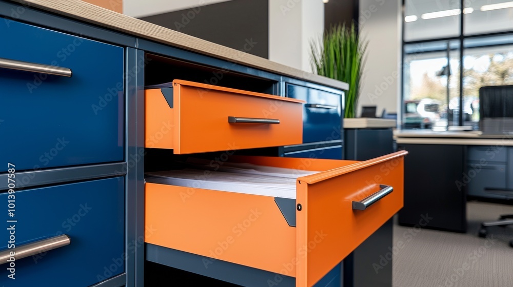 Open blue orange drawers of filing cabinets for storing data, archives and documents in an office setting.. Open blue orange drawers of filing cabinets for storing data, archives and documents in an office setting..