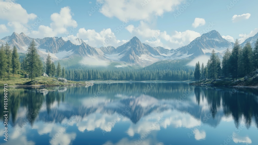 A tranquil lake surrounded by mountains and trees under a clear blue sky. A tranquil lake surrounded by mountains and trees under a clear blue sky.