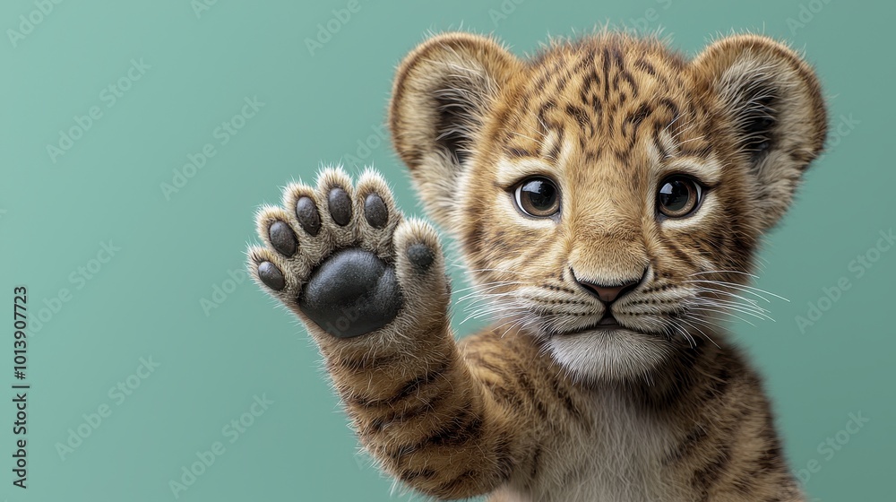 Fototapeta premium Charming 3D Lion Cub Waving Paw