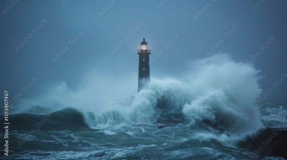 Lighthouse in the storm waves landscape illustration generated by ai
