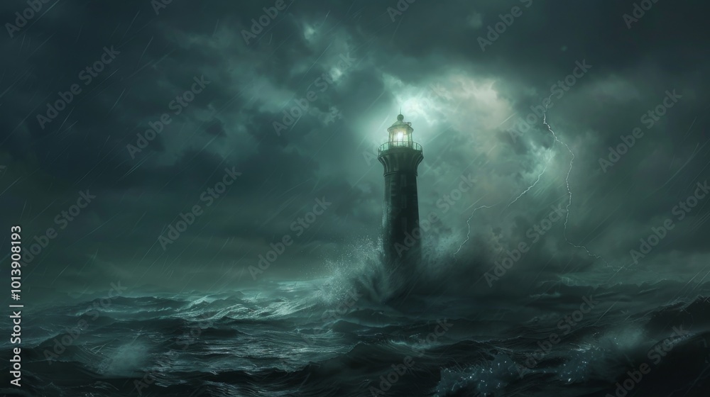Lighthouse in the storm waves landscape illustration generated by ai Lighthouse in the storm waves landscape illustration generated by ai