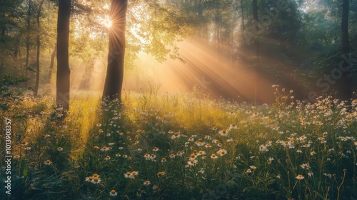 A serene forest scene with sunlight filtering through trees and illuminating a field of wildflowers.