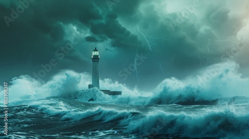 Lighthouse in the storm waves landscape illustration generated by ai