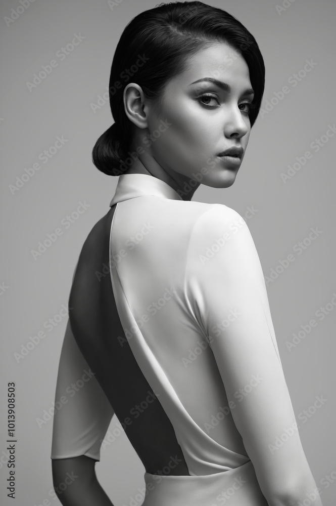 Beautiful Young Woman in futuristic white Dress with open Back. Pretty Luxury brunette Girl Beautiful Young Woman in futuristic white Dress with open Back. Pretty Luxury brunette Girl