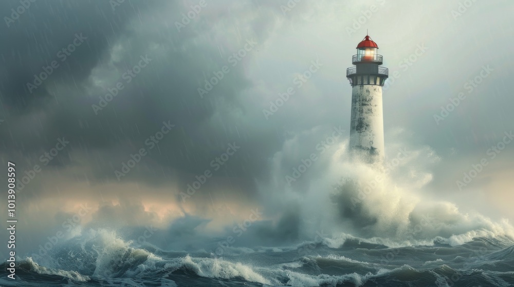 Lighthouse in the storm waves landscape illustration generated by ai Lighthouse in the storm waves landscape illustration generated by ai