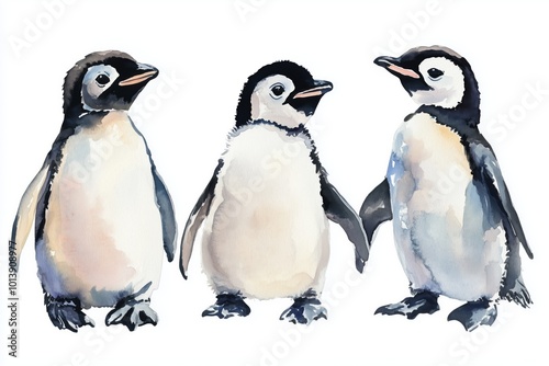 Penguins an isolated white background, watercolor illustration, cute baby penguin 