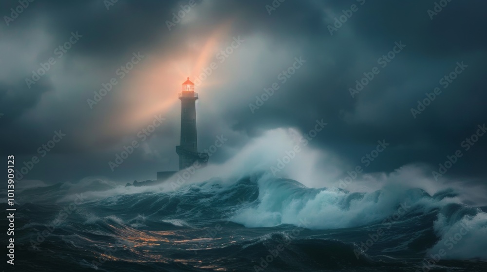 Lighthouse in the storm waves landscape illustration generated by ai Lighthouse in the storm waves landscape illustration generated by ai