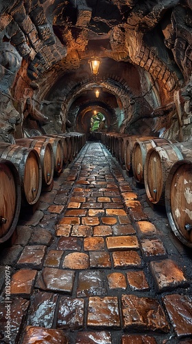 Stone Archway Wine Cellar: A Rustic and Atmospheric Interior