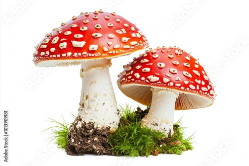 Red Fly Agaric Mushrooms (Amanita Muscaria) with White Spots â€“ Wild Toadstools Isolated on white Background