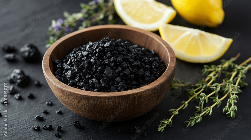 Black lava salt in a small wooden bowl, isolated on a dark background with decorative sprigs of thyme and lemon wedges Black lava salt in a small wooden bowl, isolated on a dark background with decorative sprigs of thyme and lemon wedges