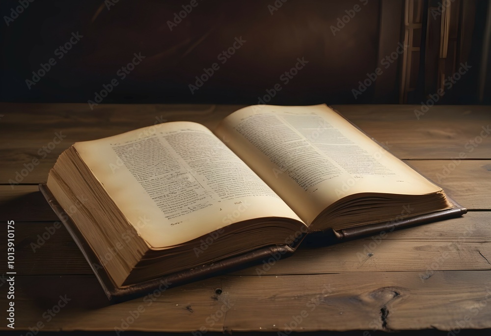 Fototapeta premium Open book on a wooden table with visible text on its pages, AI generated