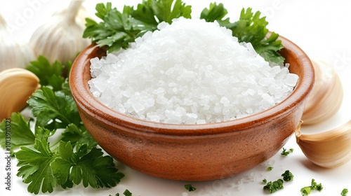 Fine iodized salt in a ceramic dish, isolated with decorative sprigs of parsley and garlic cloves photo