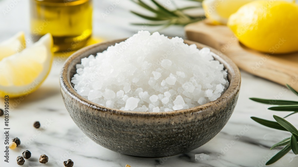 Flaky sea salt in a bowl, isolated on a marble background with decorative lemon wedges and olive oil drizzles