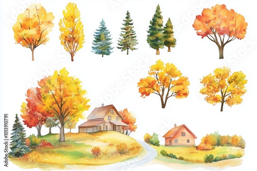 Watercolor hand drawn set with autumn landscapes - colorful season trees, road rustic house, hills, village isolated on white background. Fall compositions collection. Outdoor cozy environment sketch.