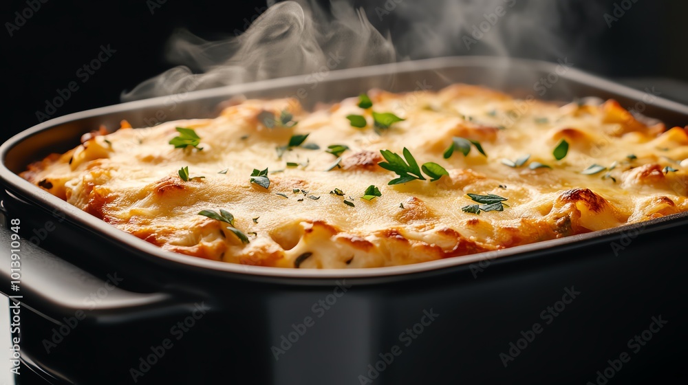 A casserole bubbling in the oven, with soft steam and smoke rising from the cheese and herbs on top Baking casserole, Hearty meal A casserole bubbling in the oven, with soft steam and smoke rising from the cheese and herbs on top Baking casserole, Hearty meal