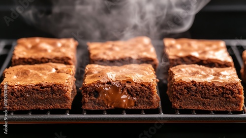 A closeup of brownies in the oven, with smoke and steam escaping as the chocolate melts and bakes Baking brownies, Chocolate indulgence