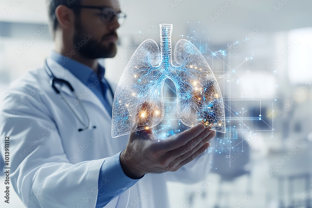 A male doctor is seen holding a wireframe model of human lungs, representing advanced medical technology and healthcare innovation A male doctor is seen holding a wireframe model of human lungs, representing advanced medical technology and healthcare innovation