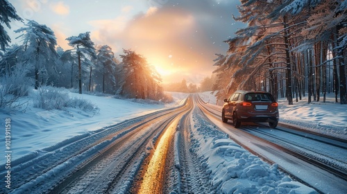 Vehicle on Snowy winter road in the morning at snowfall. Car tires on winter road through snow covered forest trees, cold day winter panorama on the road through snowy alley