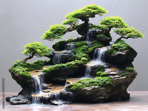 Cascadestyle juniper bonsai with mosscovered rocks gracefully bending downward as if flowing like a waterfall photo