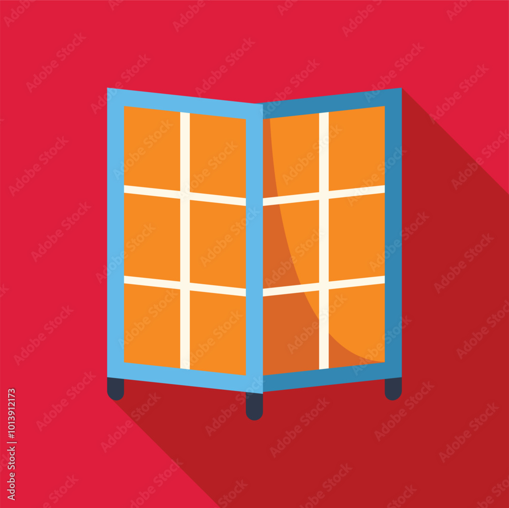 Folding screen room divider is standing, creating privacy and dividing a space Folding screen room divider is standing, creating privacy and dividing a space
