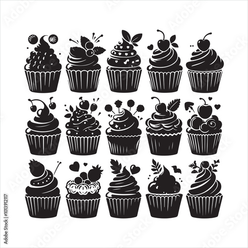 Cupcakes silhouette on white background 