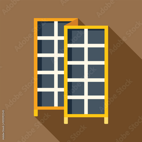 Two solar panels standing on wooden supports, converting sunlight into electricity using photovoltaic effect