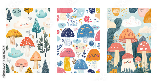 Colorful whimsical mushroom and nature patterns