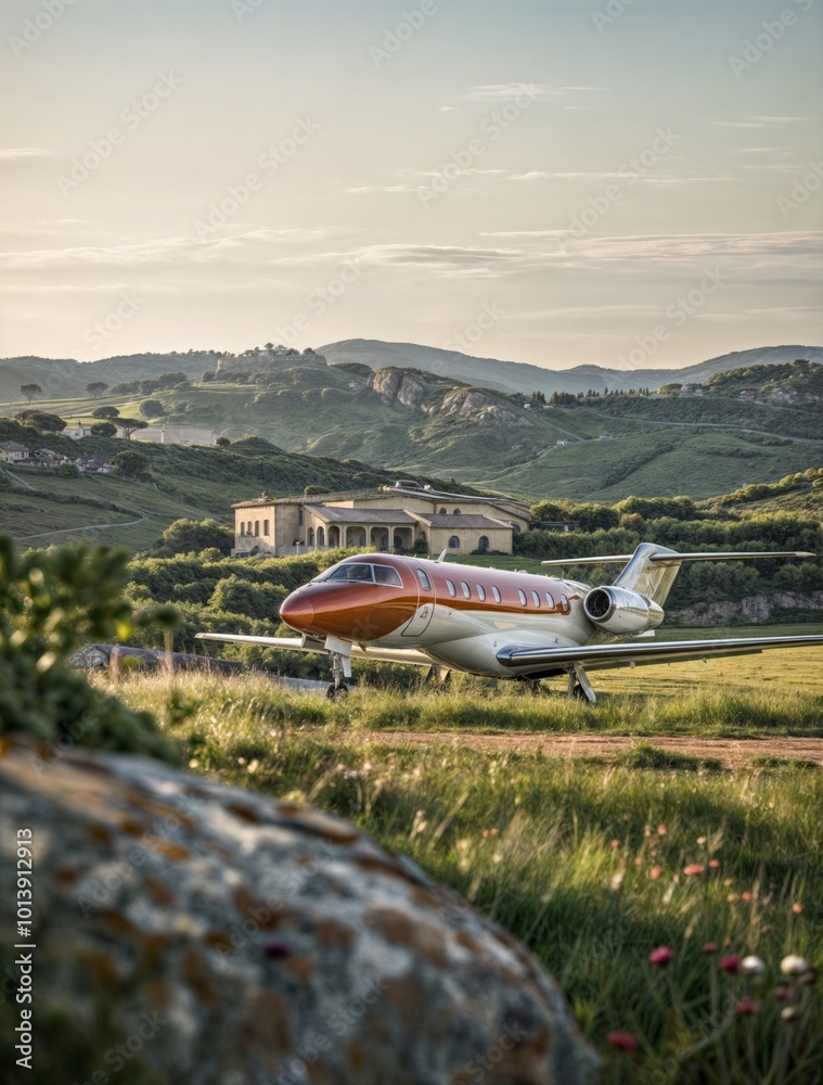 Fototapeta premium Private Jet on Remote Mountain Airstrip