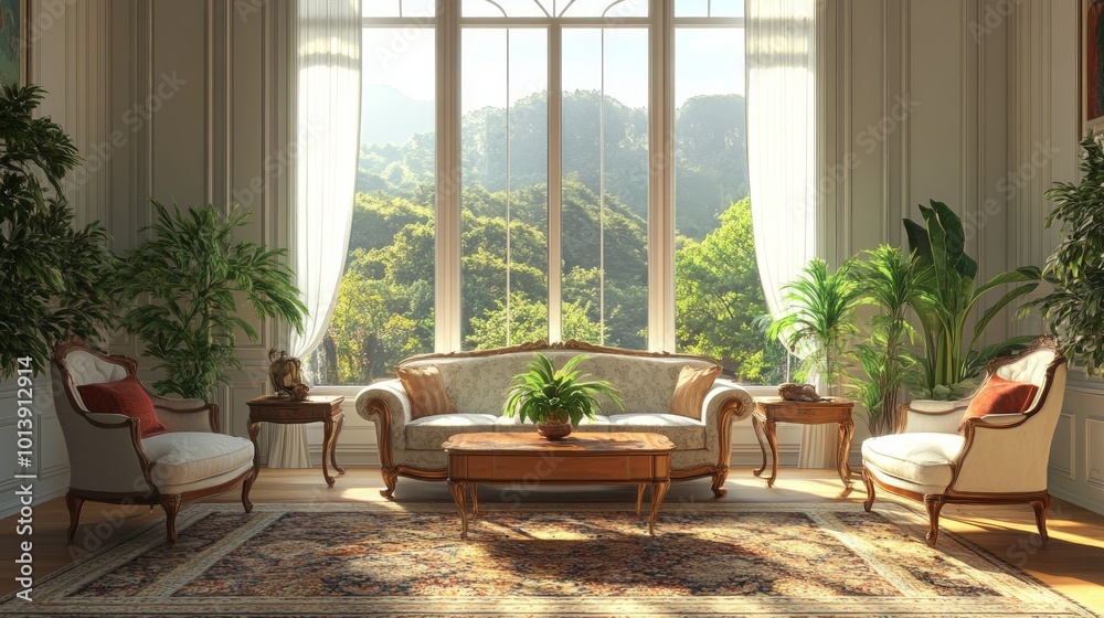 Fototapeta premium A classic living room with a large window overlooking a lush green mountain landscape.