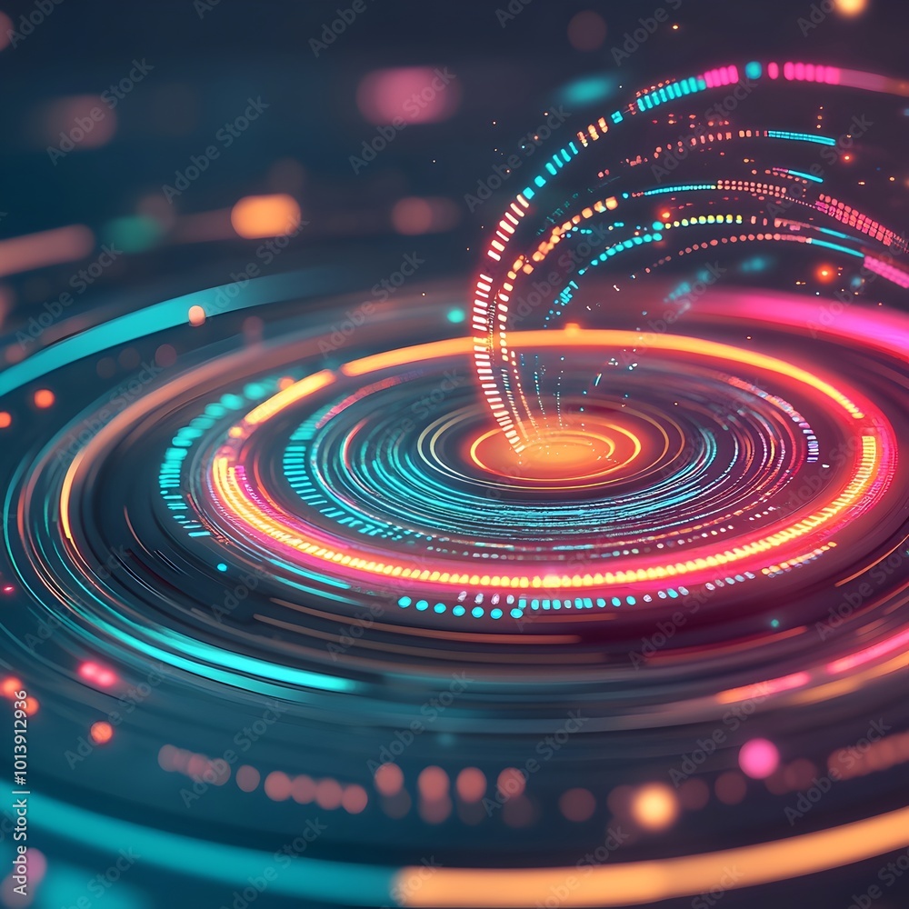 Vivid digital landscape with swirling holographic data flows angular neon shapes and abstract technological motifs Vivid digital landscape with swirling holographic data flows angular neon shapes and abstract technological motifs