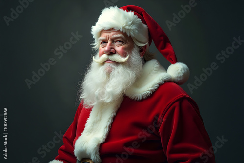 Portrait of Santa Claus with a beard in a red suit with a Christmas tree on a dark snowy background. Christmas Santa Claus with gifts. New Year's card. Christmas card