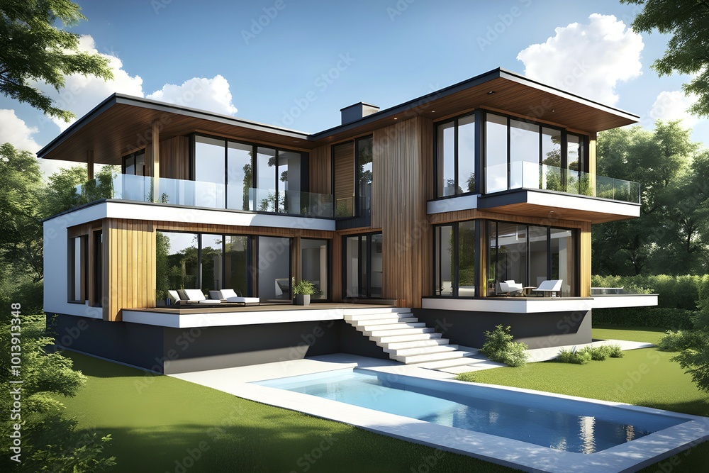 Three dimensional render of a modern ecological real estate residential house, AI gnerated, AI generated Three dimensional render of a modern ecological real estate residential house, AI gnerated, AI generated