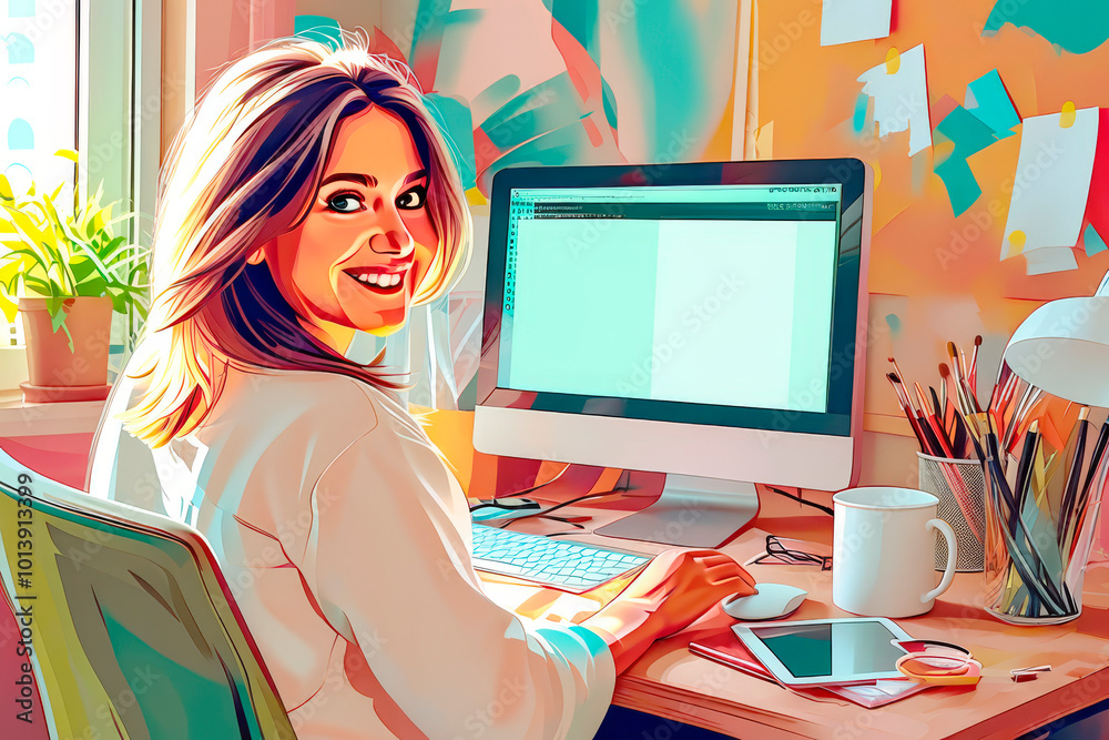 Smiling Female Creative Professional Working on Computer in Vibrant, Colorful Home Office