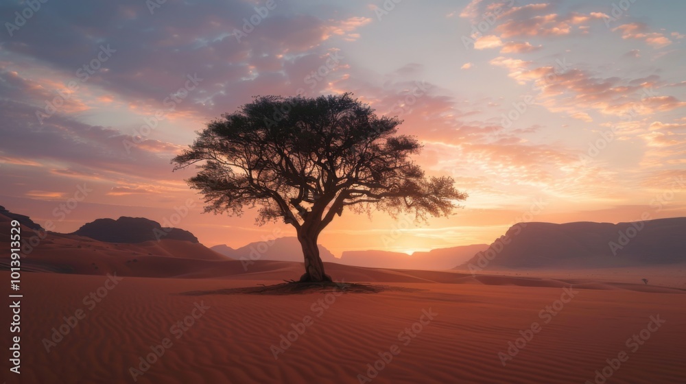 Single, one tree in the desert. Illustration generated by ai Single, one tree in the desert. Illustration generated by ai