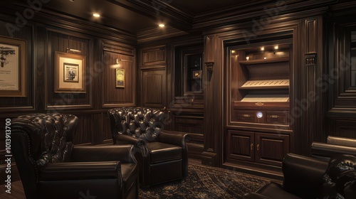 A sophisticated cigar lounge with dark wood paneling, leather armchairs, and a built-in humidor cabinet