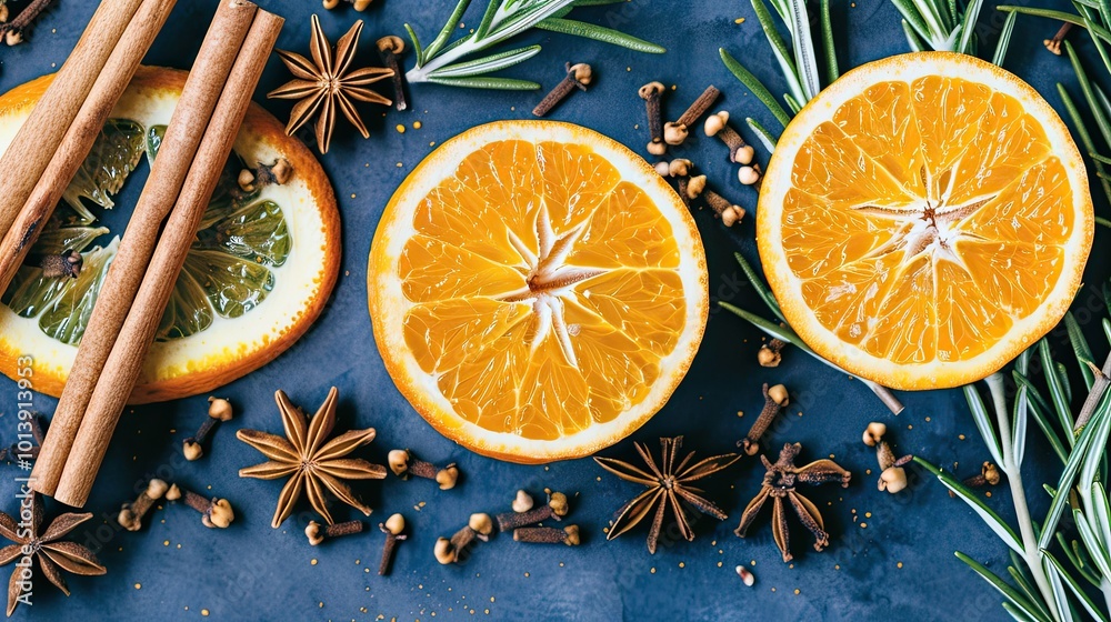 A close-up of an orange cut in half, surrounded by cinnamon sticks and rosemary leaves A close-up of an orange cut in half, surrounded by cinnamon sticks and rosemary leaves