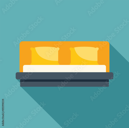 Modern double bed with yellow pillows is standing in a bedroom with a long shadow, depicted in flat style