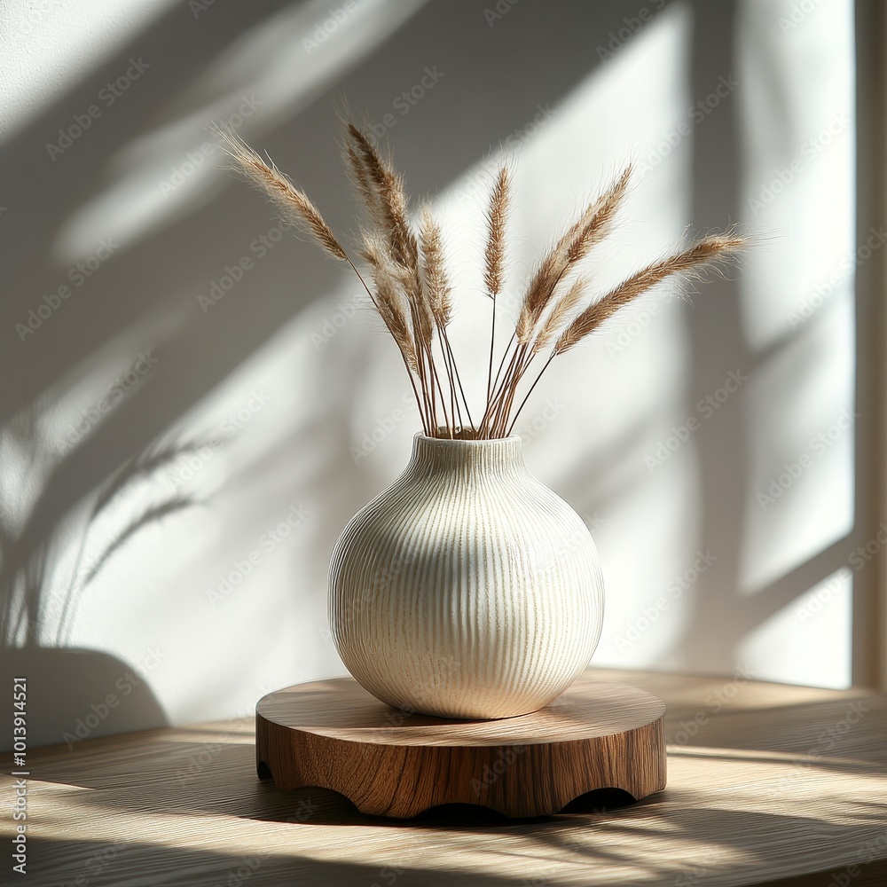 Pampas grass in vase on wooden table with sunlight. Pampas grass in vase on wooden table with sunlight.