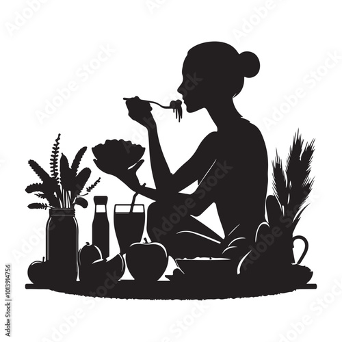 Eating a healthy meal silhouette on white background
