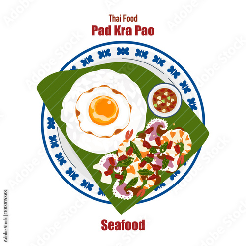 Set of flat banner vector illustrations, delicious food. Thai food, a la carte food, stir-fried basil with fried egg "pad kra pao". Cooking from top view, recipe, menu, restaurant for food design.