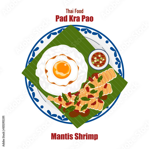 Set of flat banner vector illustrations, delicious food. Thai food, a la carte food, stir-fried basil with fried egg "pad kra pao". Cooking from top view, recipe, menu, restaurant for food design.