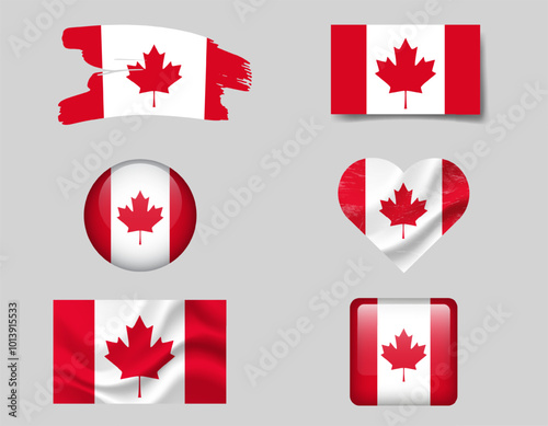 Canada flag set of icons. Vector flag of Canada, symbol. Set of Canadian flags button, brush, waved, heart.