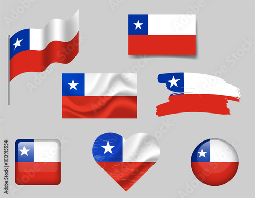 Free Download Chile flag set of icons. Vector flag of Chile, symbol. Set of Chile flags button, brush, waved, heart. - GFXLoad
