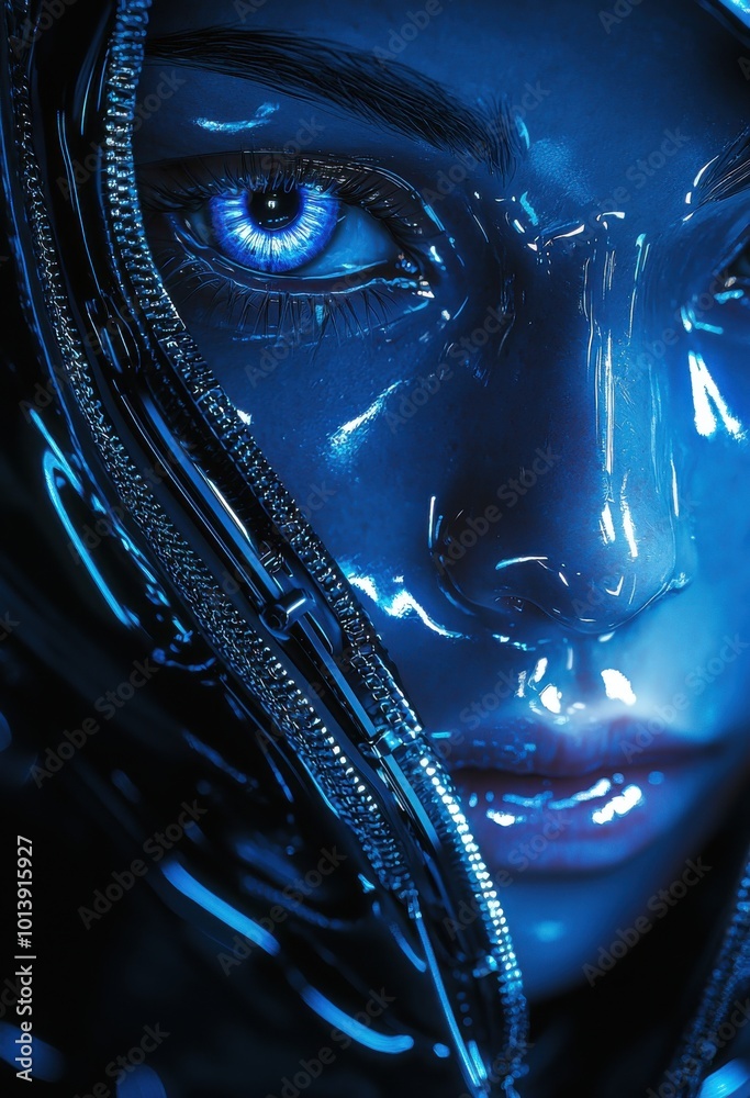 Close-up of an alien with glowing eyes and intricate metallic textures, evoking a futuristic and mysterious atmosphere Close-up of an alien with glowing eyes and intricate metallic textures, evoking a futuristic and mysterious atmosphere