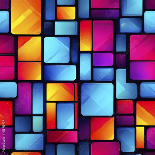 Abstract background composed of overlapping rectangles in various shades of vibrant colors, AI generated