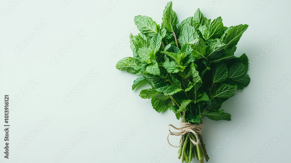Bunch of fresh mint tied with twine, isolated on a clean, minimal white background Bunch of fresh mint tied with twine, isolated on a clean, minimal white background