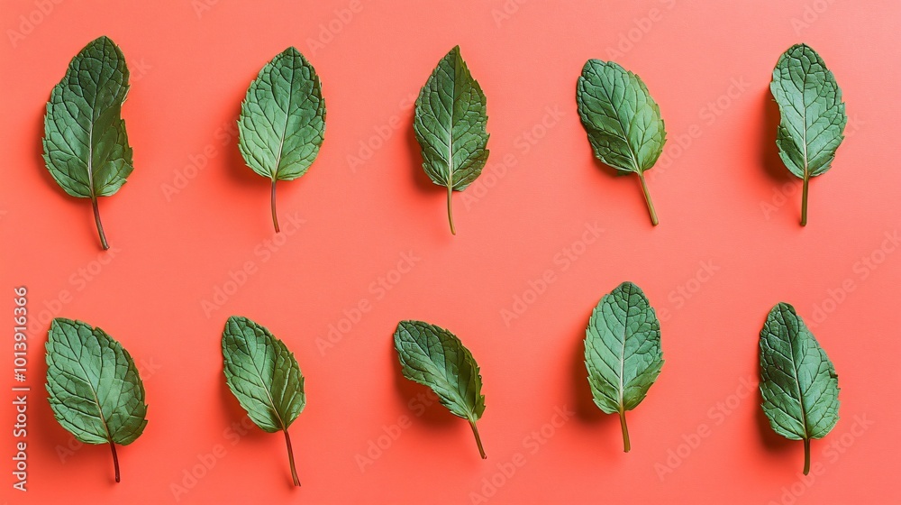 Flat lay of mint leaves arranged neatly, isolated on a bright coral background