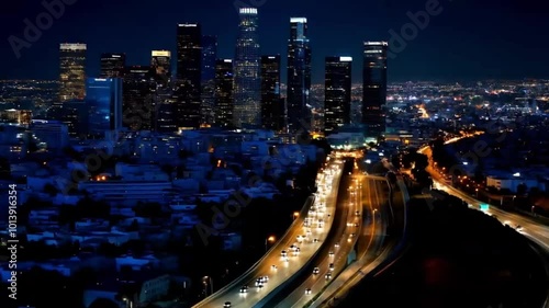 city skyline at night drone shot